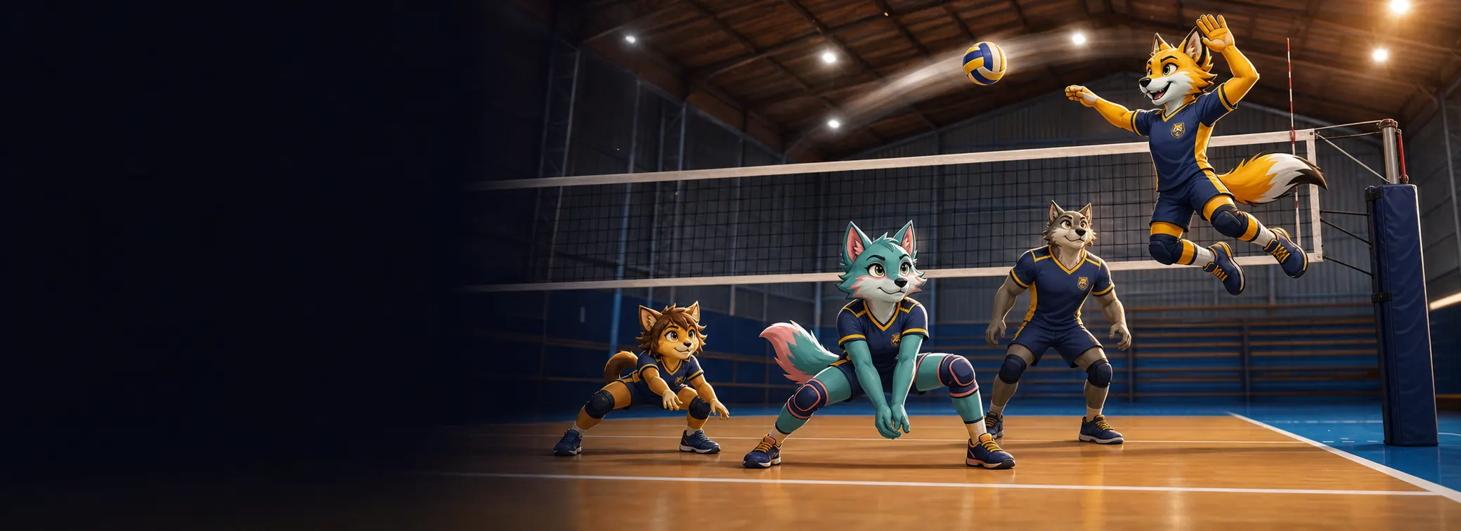 Equipo Alpha Voleibol Club en jugada de remate sobre cancha cubierta